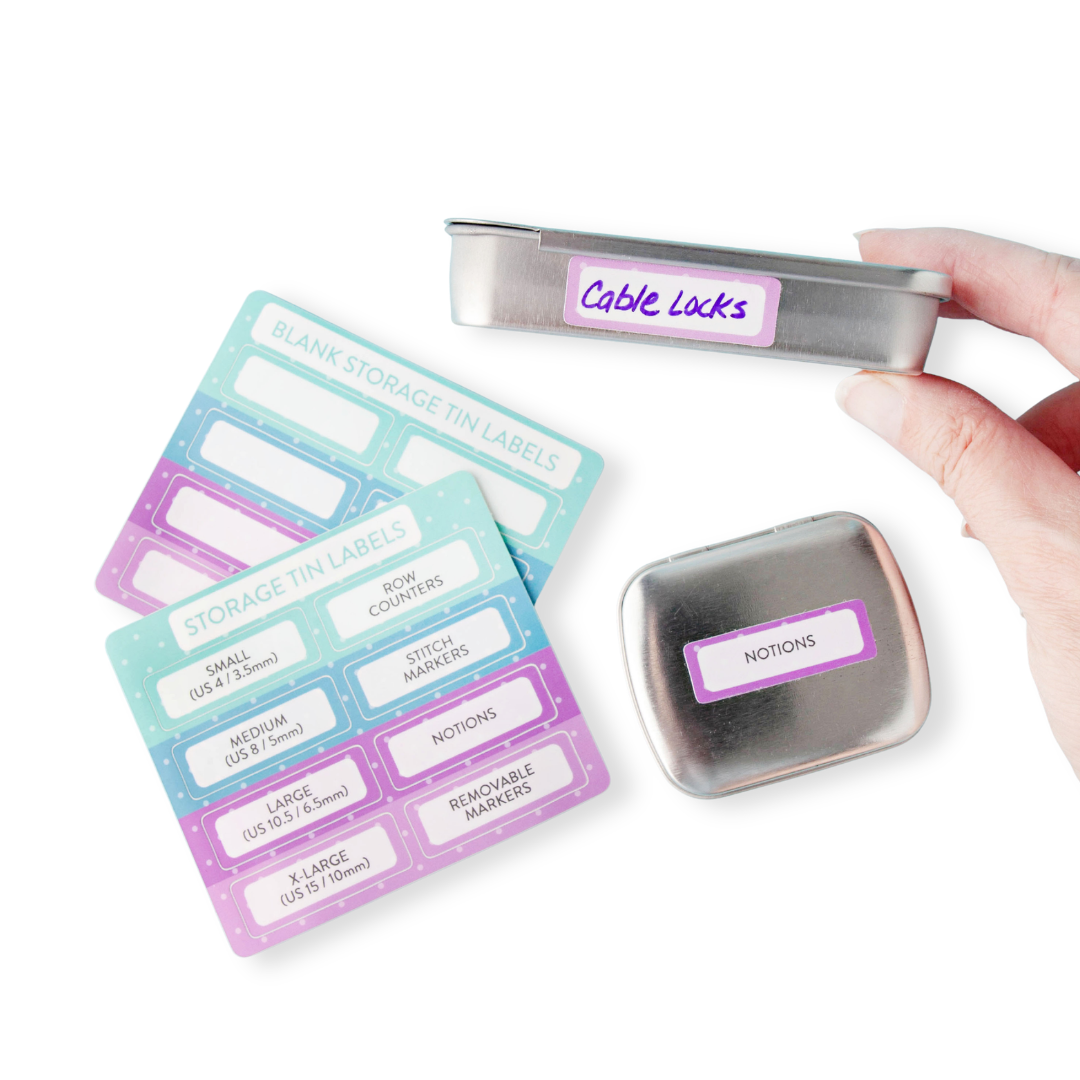 Storage tin label sticker sheets with pre-printed and blank options shown applied to silver notions tins from the 2026 Mermaid Summer Box