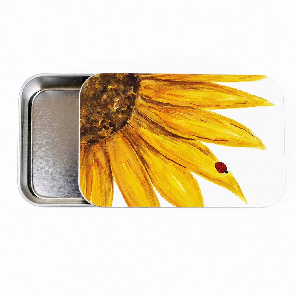 Large sunflower stitch marker tin with slide lid, watercolor sunflower and ladybug design printed edge-to-edge